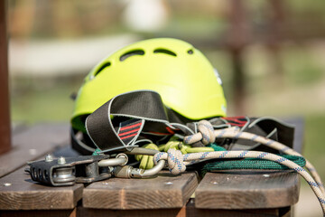 close up of a helmet and other equipment in rope park