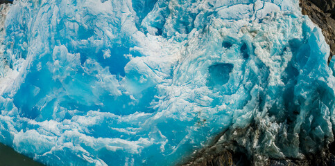 USA, Alaska, Tracy Arm-Fords Terror Wilderness, Aerial panoramic view of crevassed blue face of Dawes Glacier on summer afternoon