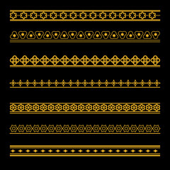 Set of  seamless templates for golden borders on black background.