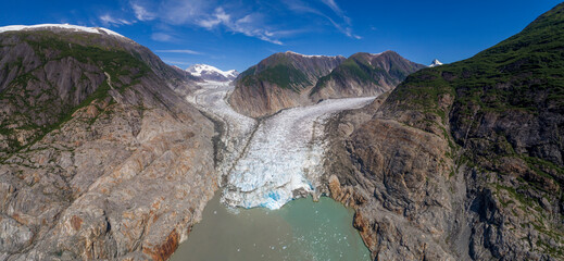 USA, Alaska, Tracy Arm-Fords Terror Wilderness, Panoramic aerial view of Sawyer Glacier in Tracy Arm on summer morning