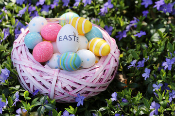 Easter .Pink wicker nest with decorative eggs in purple spring flowers.Easter eggs in a basket in the garden.Spring Religious Holiday Symbol. festive easter background