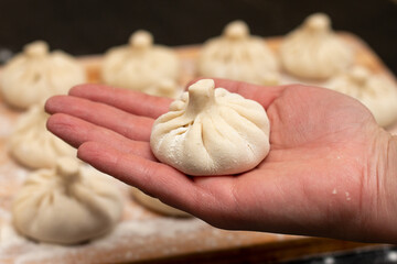 Freshly made khinkali in the hand of the master chef. Georgian national dish on the background of blurry same