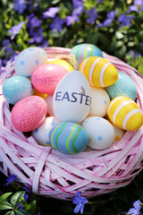 Easter holiday.Pink wicker nest with easter decorative eggs in purple spring flowers.Easter eggs in a basket in the garden.Spring Religious Holiday Symbol. festive  background