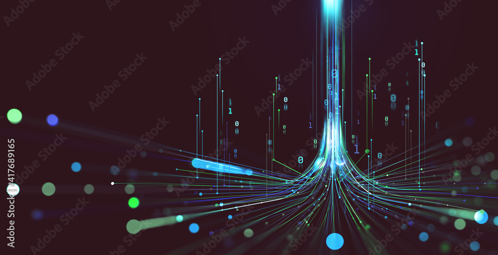 Poster Electrical impulse, binary code. Futuristic wave. Neon Streaming. Data stream 3D illustration. Data funnel stream technology. Cyberpunk funnel