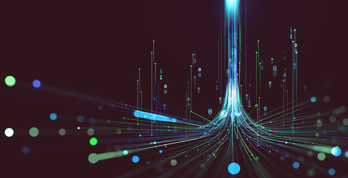 Electrical impulse, binary code. Futuristic wave. Neon Streaming. Data stream 3D illustration. Data funnel stream technology. Cyberpunk funnel