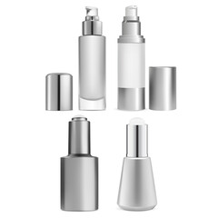 Dropper bottle. Airless pump serum bottle design. 3d mockup of luxury beauty product. Foundation dispenser vial template. Clear silver flask for face treatment liquid. Eyedropper mock up