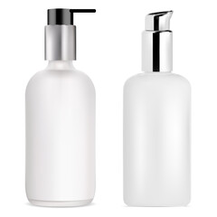 Airless pump bottle. Cosmetic package 3d mockup isolated. foundation creamcontainer, transparent packaging. Beauty flacon set, skin lotion silver cap. Liquid cosmetic product template