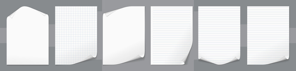 Set of white, lined note, notebook paper with folded corners are on grey background for text, advertising or design. Vector illustration