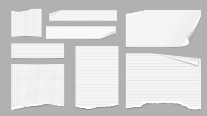 Set of torn white note, notebook paper pieces with folded corners stuck on light grey background. Vector illustration
