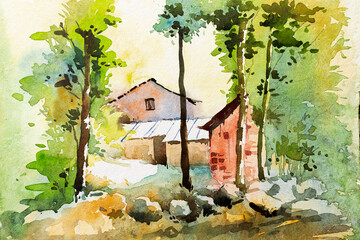 Beautiful watercolour of houses inside a forest, play of light. Indian watercolor art.