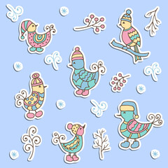 A set of stickers with cute birds in winter hats