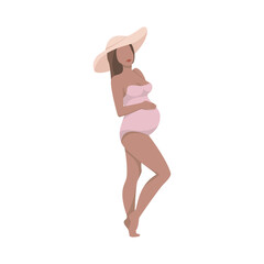 A pregnant woman in a swimsuit and a hat. For the design of lingerie and swimwear, bathing suits. Vector illustration.