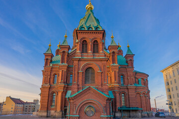 Fototapeta na wymiar Finland, Helsinki. February 27. View of the Assumption Cathedral, the red church. , photo from drone.