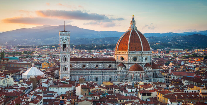 Florence sunset city skyline with Cathedral and bell tower Duomo. Florence, Italy.