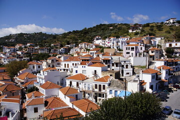 Fototapeta na wymiar Rooftops of the old town of Skopelos, Greece