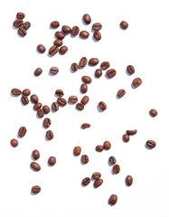 Coffee beans on white background. Textured backdrop, top view of roasted organic coffee, stylish wallpaper for cafe ad