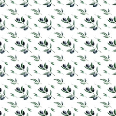 Seamless pattern from olives and green leaves. Watercolor illustration for the decoration of fabric and restaurant menu.