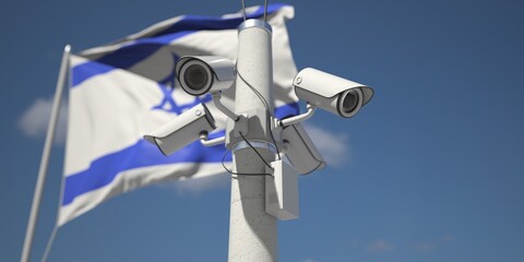 Naklejka na ściany i meble Outdoor security cameras near flag of Israel. 3d rendering