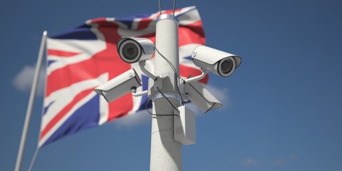 Naklejka na ściany i meble Security cameras near flag of the UK, 3d rendering