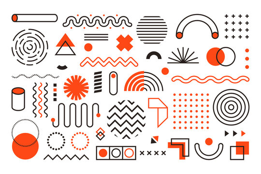 Abstract geometric memphis shapes. Set of minimal retro figures. Hipster style vector pattern in black and red colors