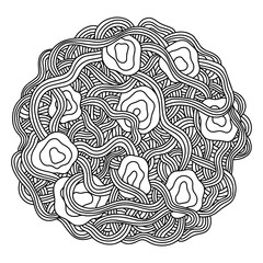 Pasta spaghetti and meatballs coloring page stock vector illustration. Hand drawn italian cuisine food plate. Traditional homemade italian dish with pasta. Colouring page for kids and adults with food