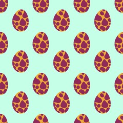 Cartoon spotted dinosaur eggs simple seamless pattern vector. Funny dino orange eggs with purple texture on light green background. Childish dot pattern with eggs of dino world. One of a series