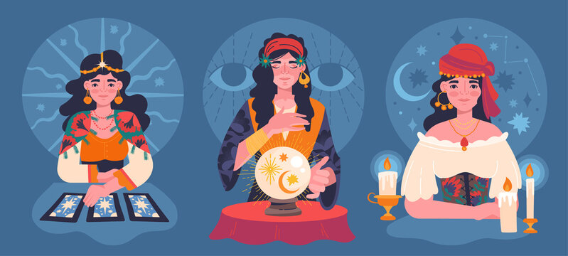 Set of three different female gypsy fortunetellers using tarot cards, a crystal ball and candles for a seance, cartoon colored isolated vector illustrations