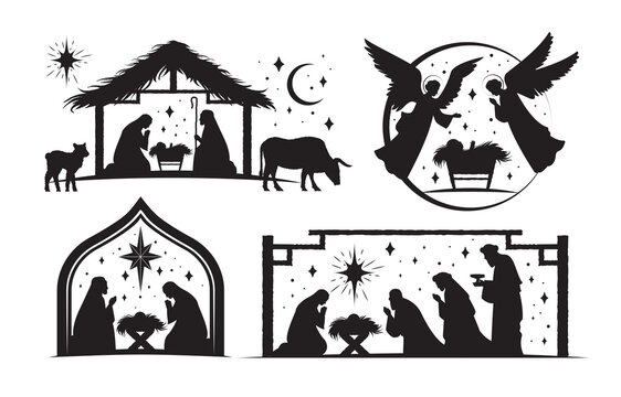 Set of four silhouetted nativity scenes for Christmas showing Joseph and Mary, Wise men and angels at the crib of the Christ child, black and white vector illustration