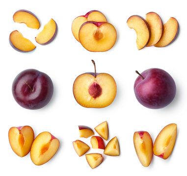 Set of fresh ripe whole, half and sliced plum
