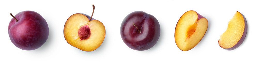 Set of fresh ripe whole, half and sliced plum