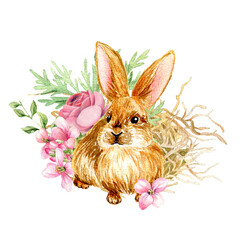 Easter composition with cute bunny and hay.