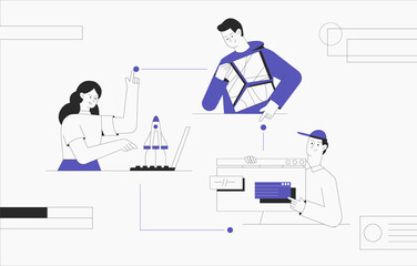 Business start up, teamwork, business concept. Business chain creation, rockets flying out of a laptop, man holding an abstract puzzle in his hands. Modern flat outline style.