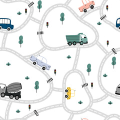 City map pattern with roads, cars, trucks, trees, traffic lights and crosswalks. Childish hand drawn Scandinavian style vector illustration. © lanastace