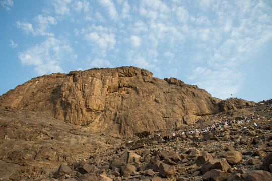 Place of first revelation to Prophet Muhammad. Muslim pilgrims climb the Mount of light "Jabal An-Nour" where located the Hira cave. Mecca - Saudi Arabia