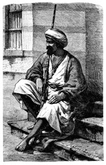 Armed Bedouin, Cairo, Egypt. Culture and history of North Africa. Vintage antique black and white illustration. 19th century.