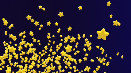 Backgroung full of 3d render illustration flying yellow glossy plastic stars. Collection of lots of shiny toy childish stars. Yellow star over dark blue reminding European flag