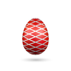 Easter egg 3D icon. Red silver egg, isolated white background. Bright realistic design, decoration for Happy Easter celebration. Holiday element. Shiny pattern. Spring symbol. Vector illustration
