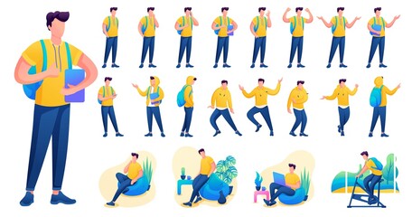 Presentation in various poses and actions character. Young Men. 2D Flat character vector illustration N4