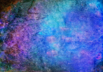 abstract watercolor space blue textural background with violet, red and green paint spots, strokes