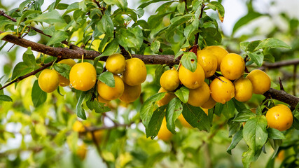 Ripe cherry-plum berries with raindrops in the garden on a tree. Growing cherry-plums