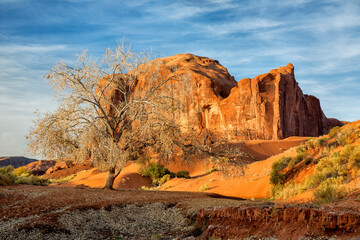 USA, Arizona, Monument Valley Navajo Tribal Park, Autumn at Sand Springs and Rain God Mesa