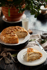 Kurnik is a national Russian dish, Pie made of pancakes, chicken, mushrooms and puff pastry. © Savory