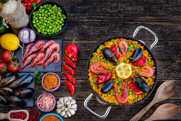 Spain's national dish paella with prawns, cuttlefish, clams and mussels