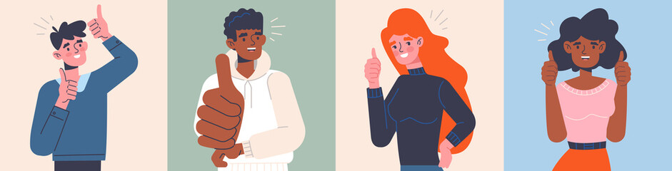 Four positive diverse multiracial successful people giving a thumbs up gesture or like sign showing their approval, set of flat cartoon colored vector illustrations