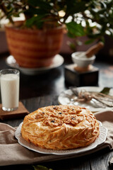 Kurnik is a national Russian dish, Pie made of pancakes, chicken, mushrooms and puff pastry. © Savory
