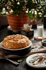 Kurnik is a national Russian dish, Pie made of pancakes, chicken, mushrooms and puff pastry. © Savory