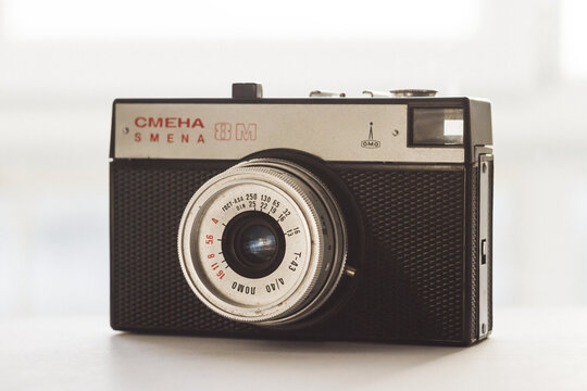 Retro photo camera Smena 8M made in USSR. Old 35 mm film camera manufactured in Soviet Union by LOMO factory