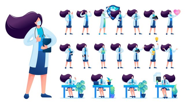 Set of Woman doctor. Presentation in various in various poses and actions. 2D Flat character vector illustration N6