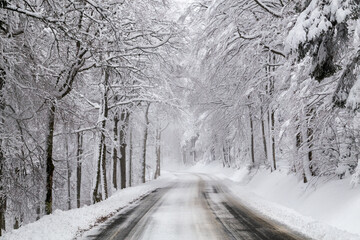 Route d'acc&egrave;s au Ballon d'Alsace, sommet du massif des Vosges dans le Territoire de Belfort, sous la neige de l'hiver