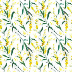 Seamless watercolor floral pattern of yellow mimosa. Concept for invitation, greeting card or wallpaper.
